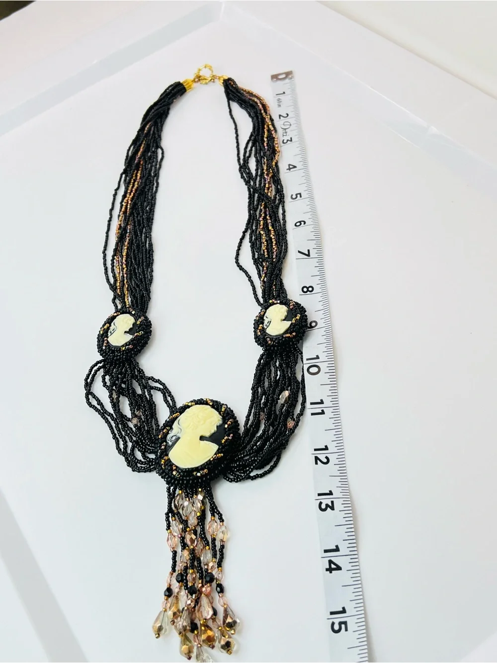 Vintage Multi Strand Black Glass Bead Cameo Necklace Victorian Revival 28”